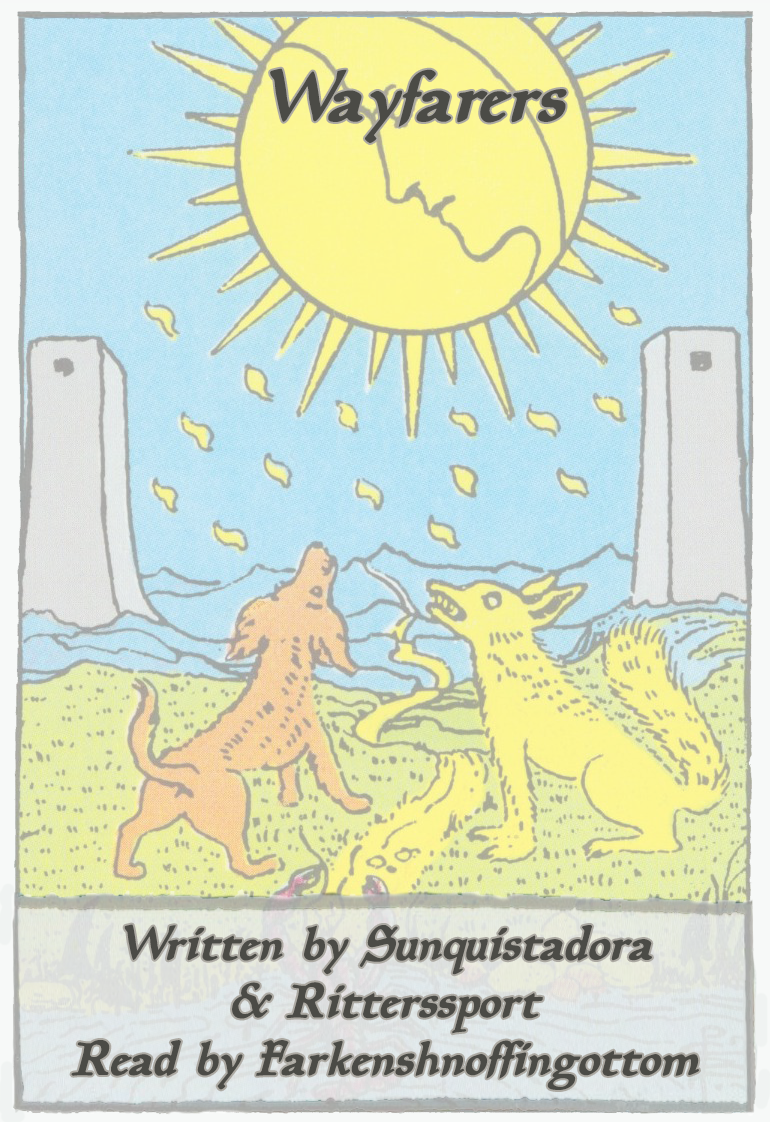 Cover art for Wayfarers: Two animals howling at a face in the sun, drawn in pastel colors.
